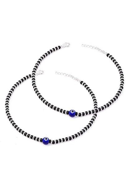 Evil aye black glass brass silver tone beaded Anklets